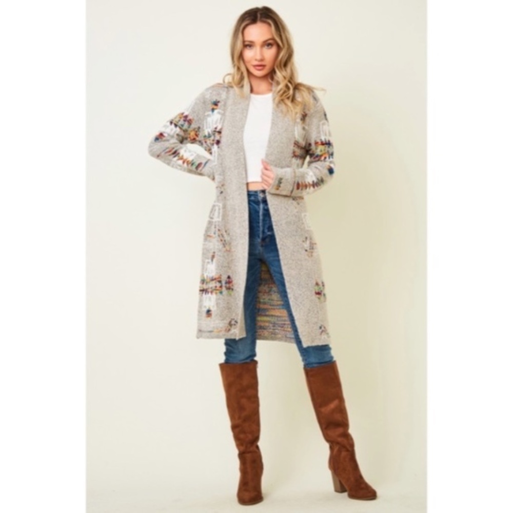 SOLD OUT Oatmeal Rainbow Multi Colored Aztec Tribal Jacquard Open Knit Cardigan - Picture 5 of 10